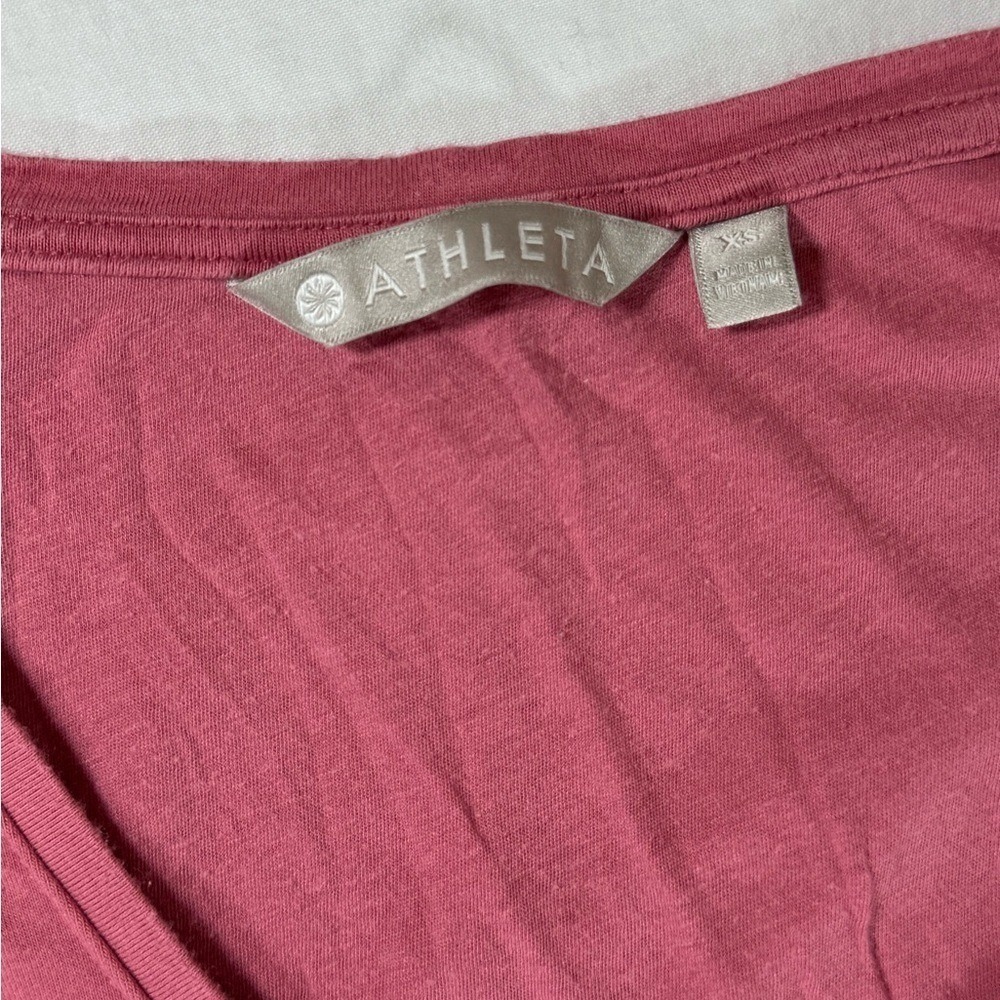 Athleta Santorini Ruched‎ Dress XS Pink Short Sleeve Faux Wrap Tulip Hem Casual - Picture 3 of 7